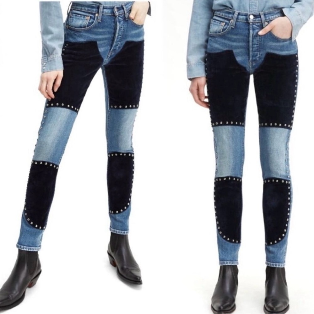 Levi's x Free People Blue Studded Velvet Patchwork Skinny Jeans Size 27